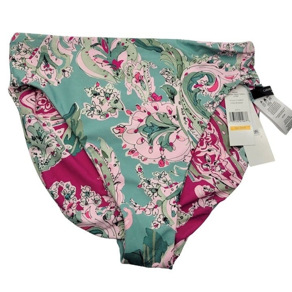 Carmen Marc Valvo High Waisted Bikini Bottom Paisley Floral Teal Pink S